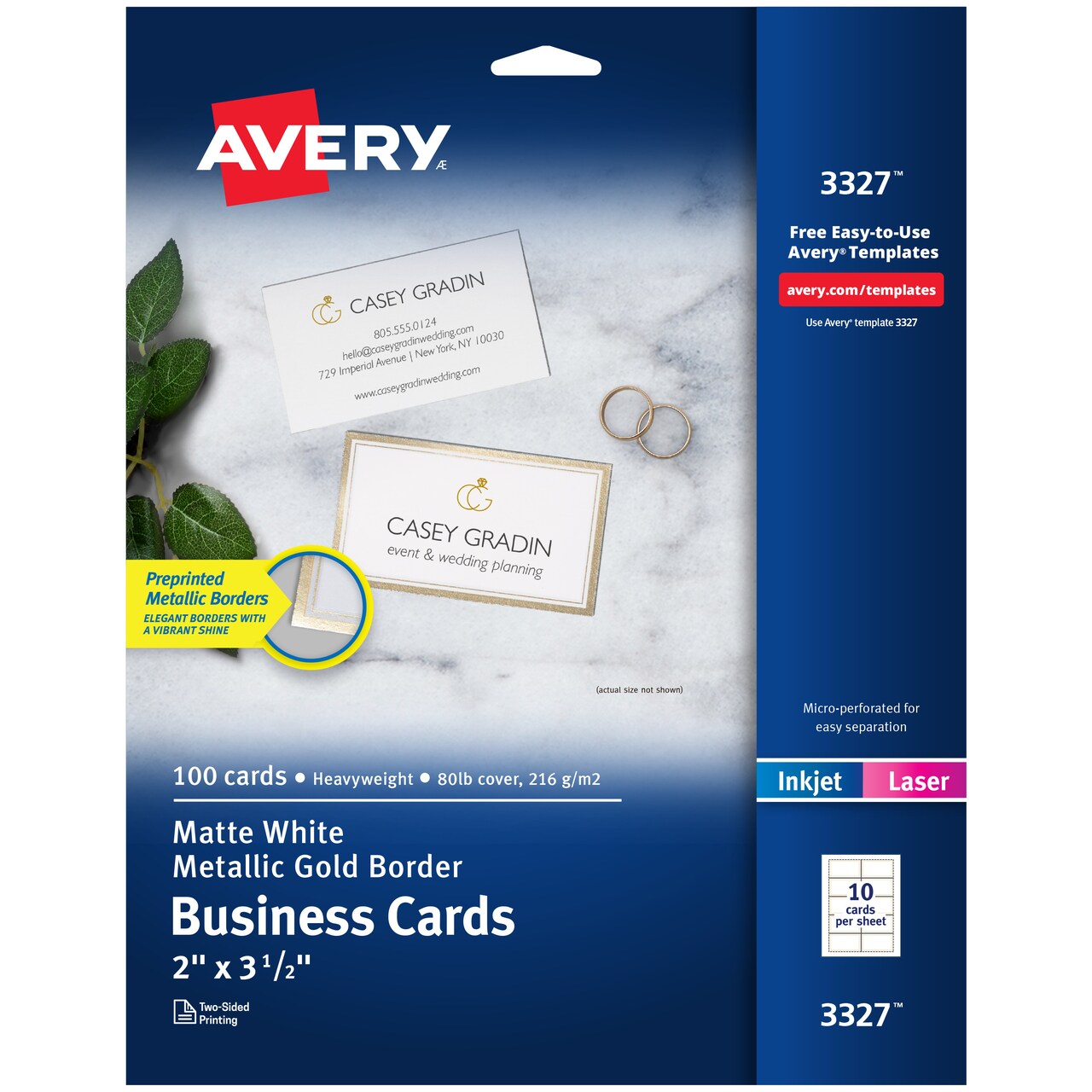 Avery Business Cards, Metallic Gold Borders, 2" x 3.5", 100 Total, Laser/Inkjet Printable Business Cards (3327)